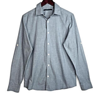 Perry Ellis Women's‎ Button-Down Blouse Small  Blue Plaid Roll-Tab Sleeve